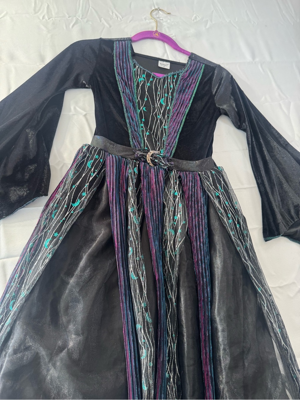 Spirit Halloween Girls Medium Black Witch Costume Dress Purple and Teal Accents